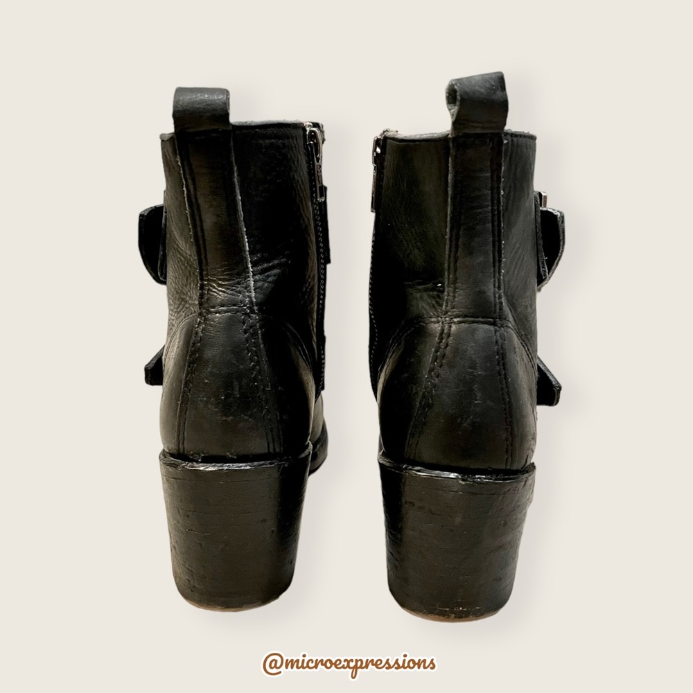Frye Sabrina Double Buckle Vintage Academia Black Leather Block Heel Ankle Boot - Picture 12 of 16